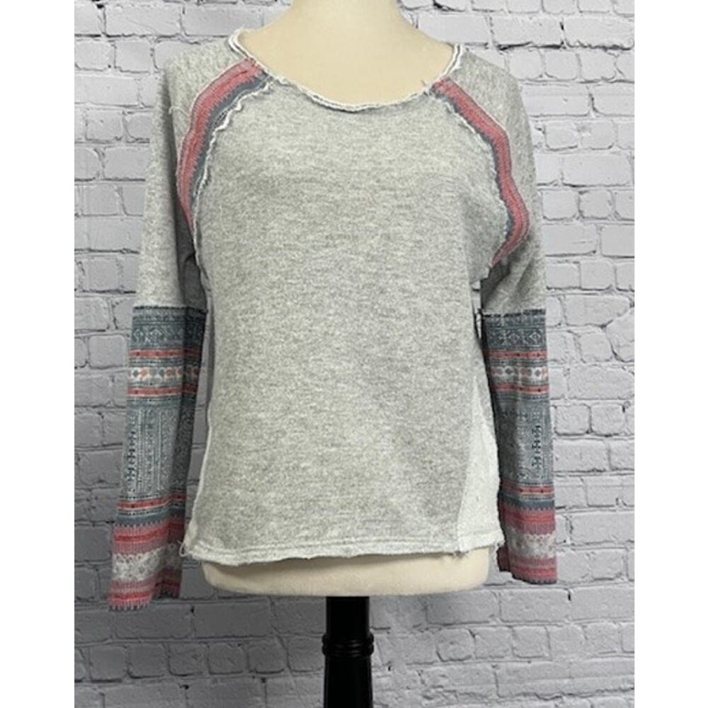 Free People Gray Aztec Embroidered Sleeve Boho Top Sweater Women's Size X-Small
